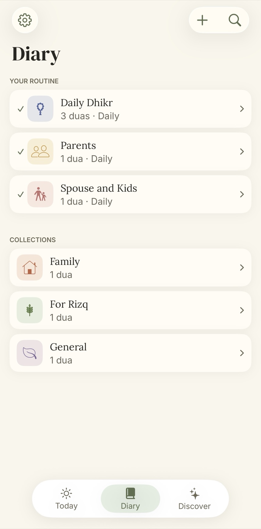 Dua Diary Diary screen — private collections including For My Family, For Rizq, and Daily Dhikr