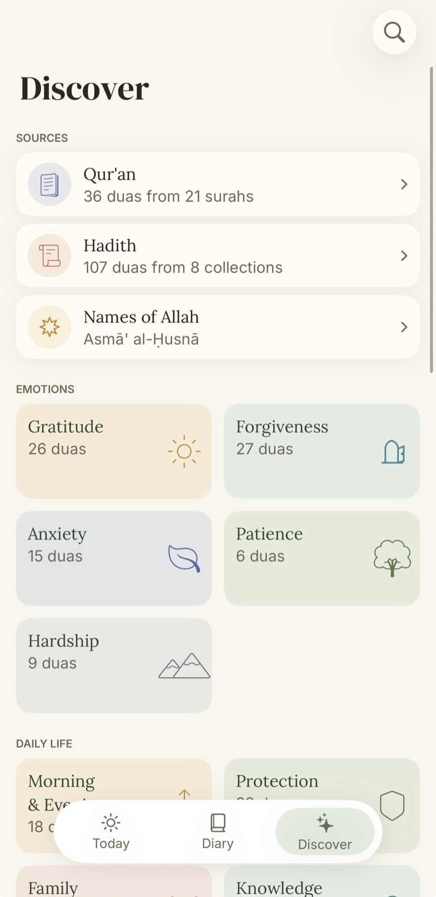 Dua Diary Discover screen — Qur'an, Hadith, Names of Allah, and duas grouped by emotion