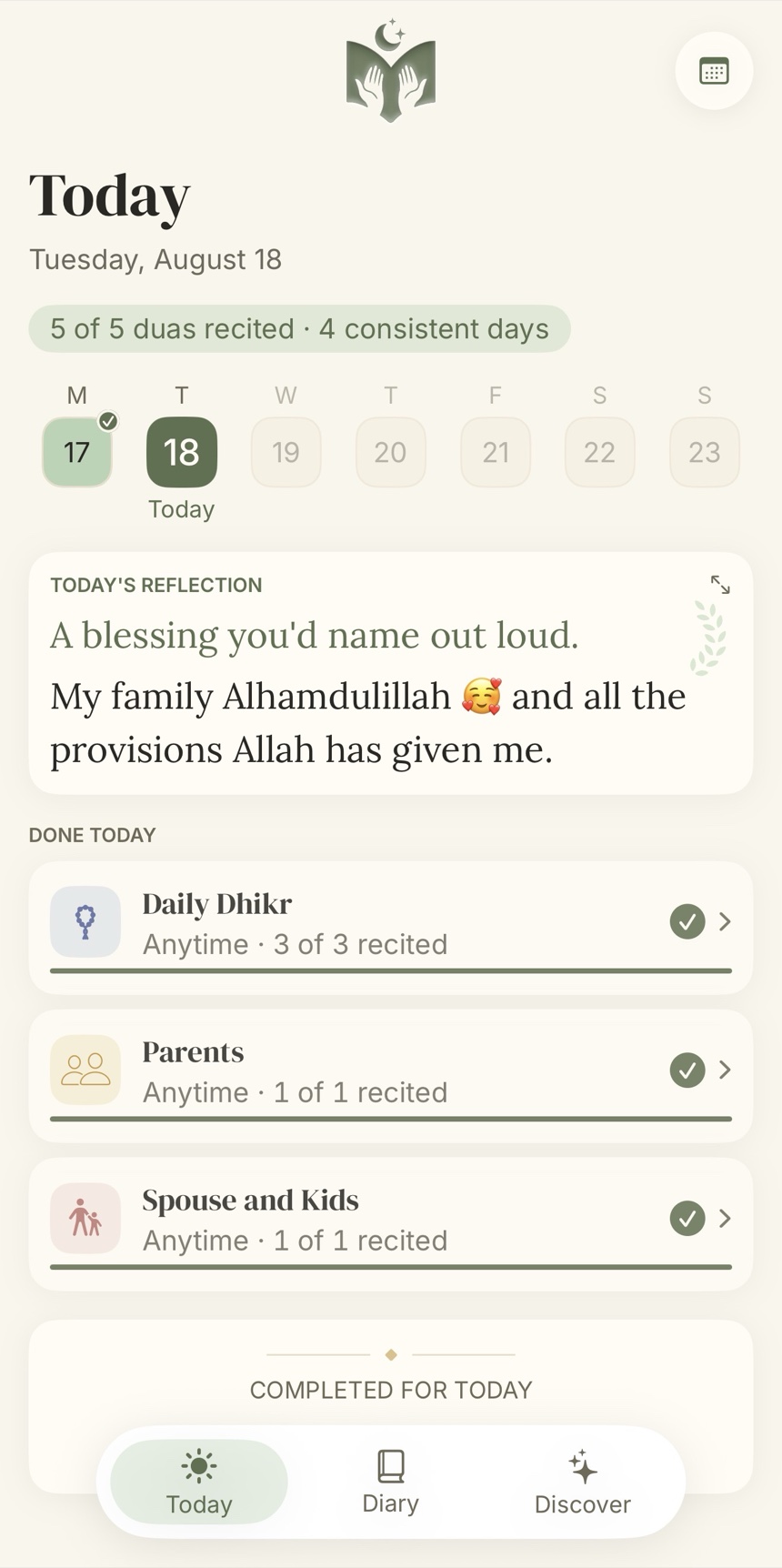 Dua Diary Today screen — daily duas, reflection, and gentle consistency tracking