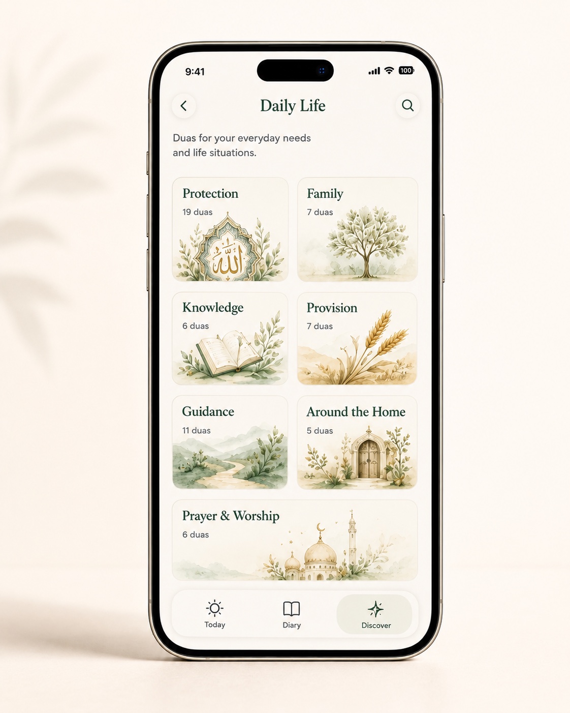 Dua Diary Daily Life categories on iPhone — Protection, Family, Knowledge, Provision, Guidance