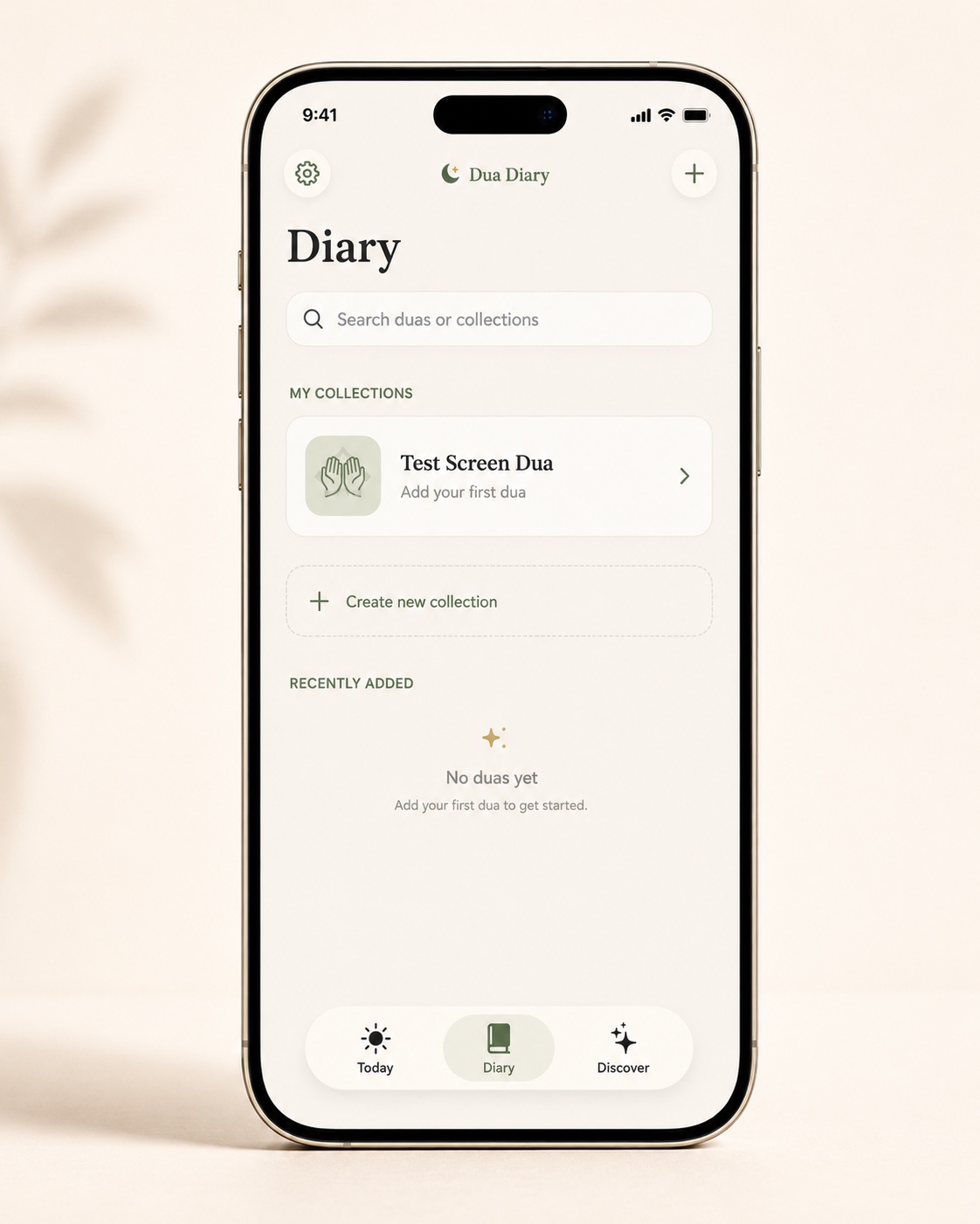Dua Diary Diary screen on iPhone — private collections and search