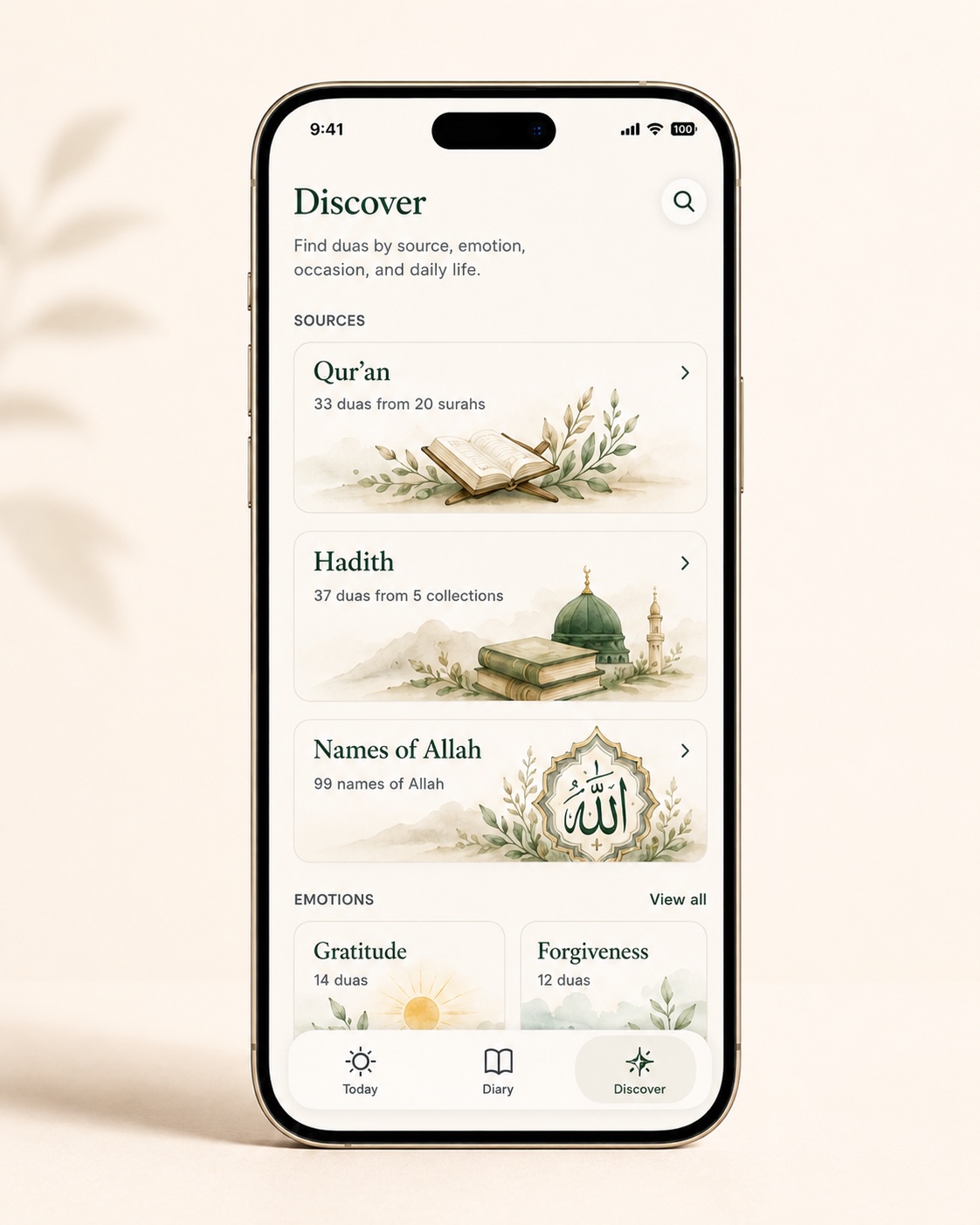 Dua Diary app on iPhone — Discover duas from the Qur'an, Hadith, and the 99 Names of Allah