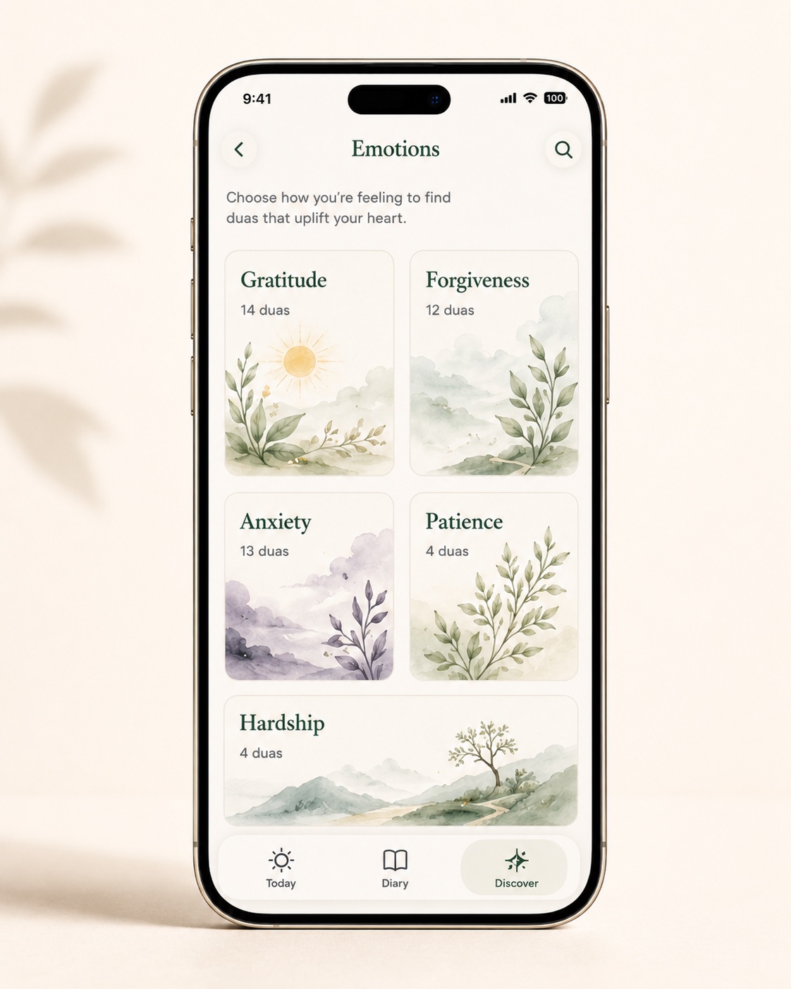 Dua Diary Emotions on iPhone — Gratitude, Forgiveness, Anxiety, Patience, Hardship