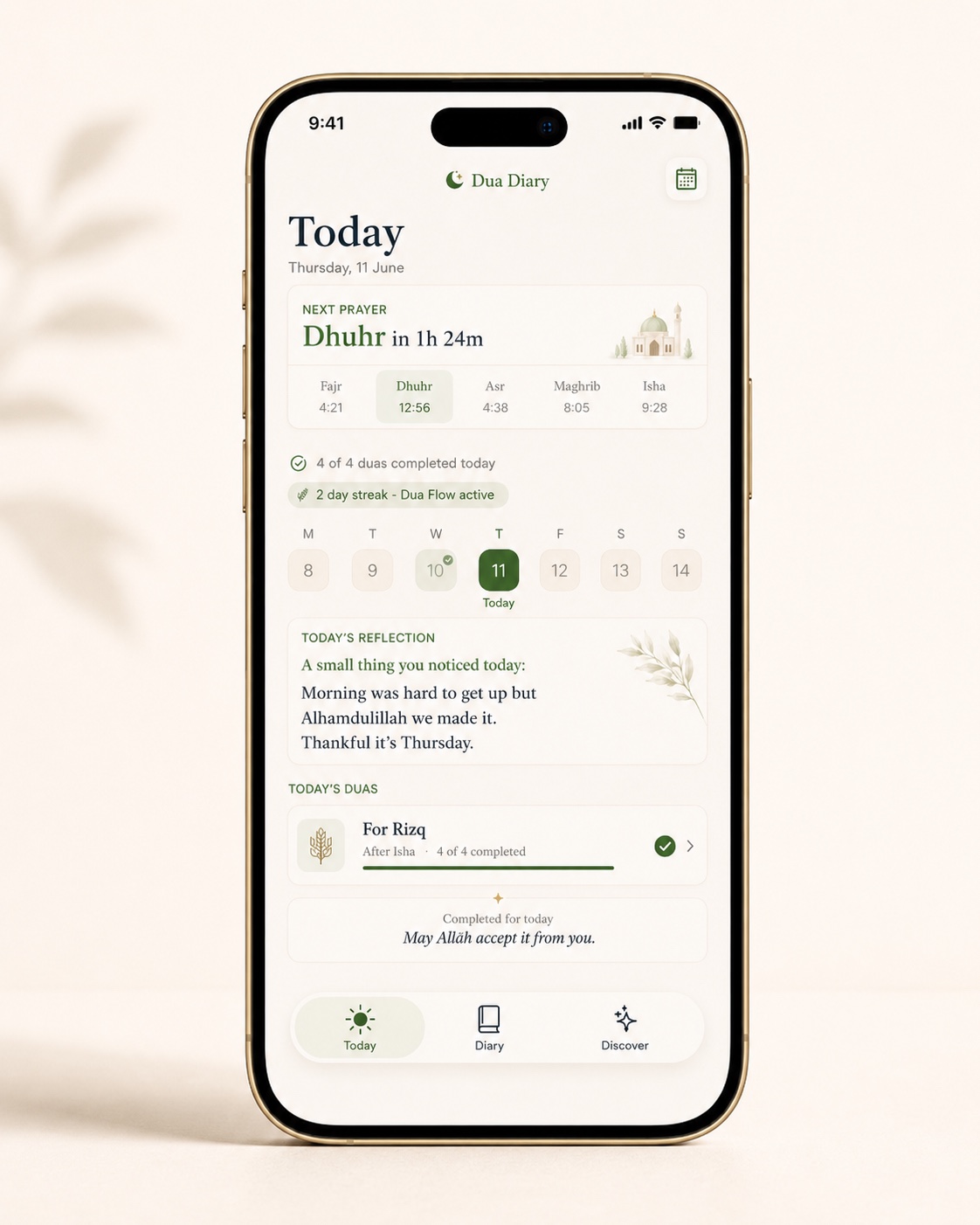 Dua Diary Today screen on iPhone — next prayer, reflection, daily duas, and streak